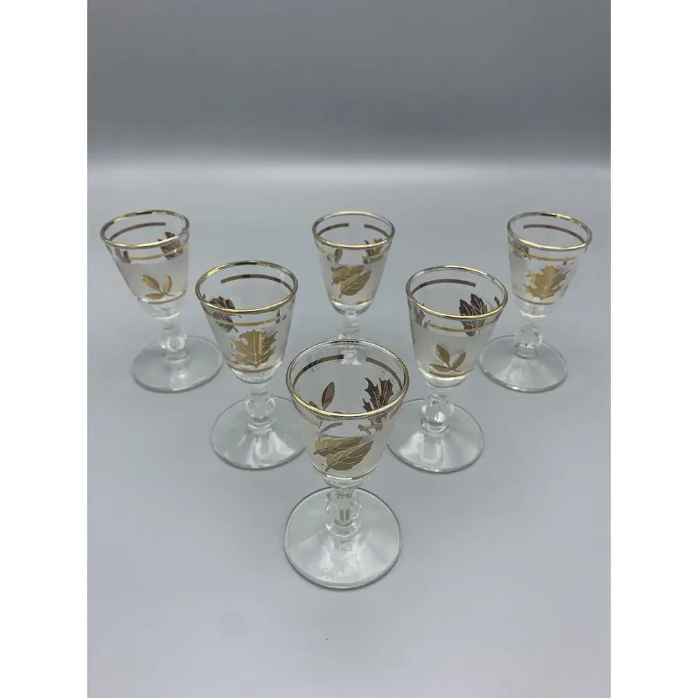 Vintage Mid Century Libbey Shot Glasses, Set Of Six, Frosted With Gold Leaf MCM